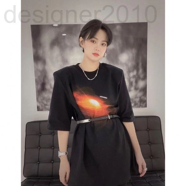 

women's t-shirt designer chaopai 22 early spring new volcanic print shoulder pad korean black half sleeve bottomed shirt women's v, White