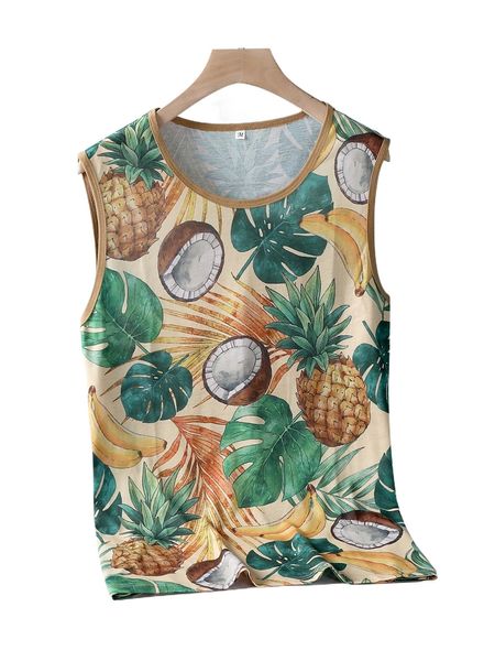 

men fruit & tropical print tank w26h#, White;black