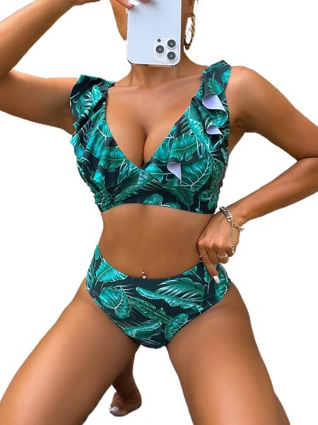 

leaf print ruffle trim bikini swimsuit y9qt#, White;black