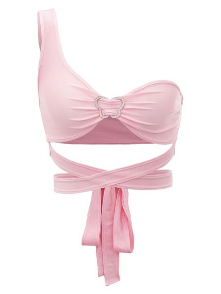 

one shoulder butterfly ring linked crisscross tie back 090t#, White