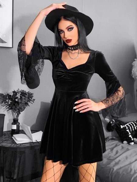 

contrast lace trumpet sleeve twist sweetheart neck velvet dress e1bi#, Black;gray