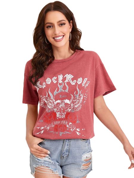 

letter & skull print tee c192#, White