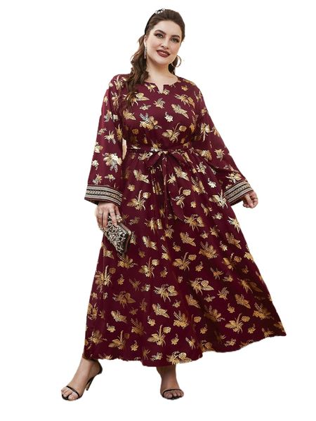 

plus golden tropical print notched neck belted dress e4qy#, Black