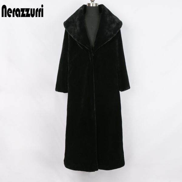 

nerazzurri long black winter faux fur coat women sleeve turndown collar fluffy fake sheared mink overcoat 5xl 201029
