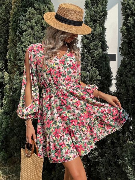 

floral print split lantern sleeve ruffle hem dress q4xa#, Black;gray