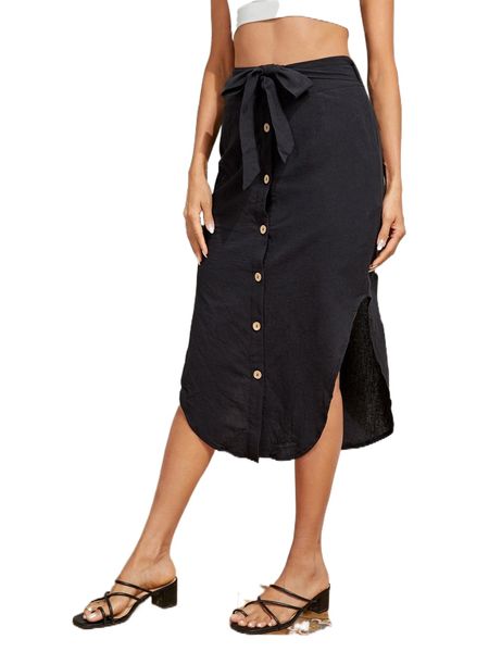 

button front split hem tie front skirt i8wv#, Black