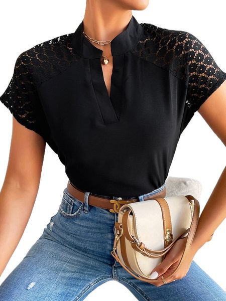

lace insert batwing sleeve notched neckline blouse 95ga#, White