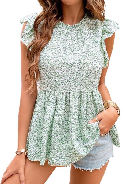 

ditsy floral flutter sleeve peplum hem blouse 15n3#, White