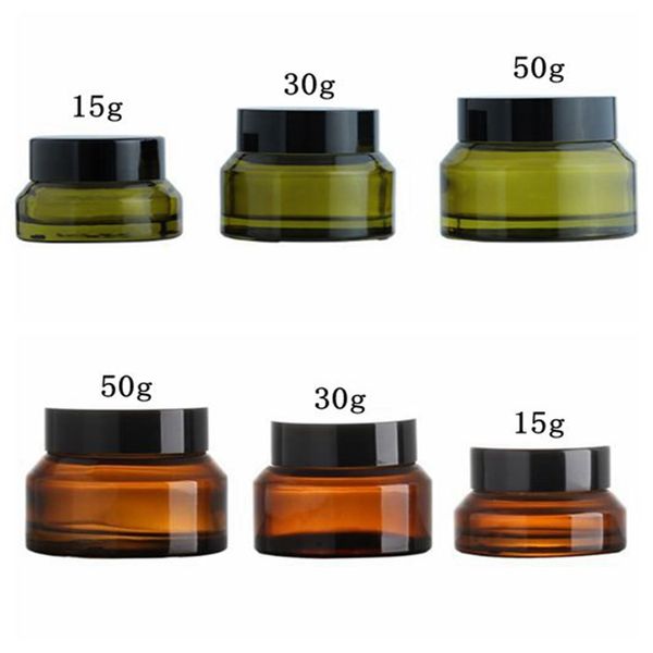 Garrafas de embalagem dos frascos dos frascos dos tampões pretos para os cosméticos Green Amber Creme frascos Embalagem cosmética com tampa 15g 30g 50g