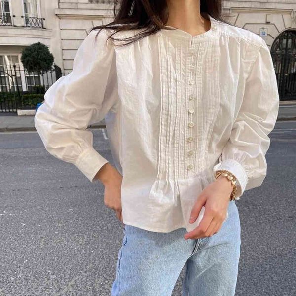 

women's blouses shirts xinjiang cotton is spring single breasted solid color thin crimped organ pleated long sleeve shirt female, White