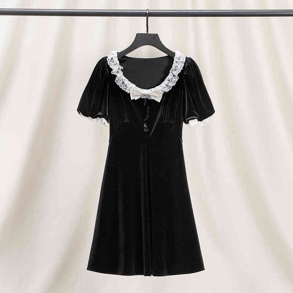 

casual dresses miu jiagabi style stunning black velvet high-end dress women's bubble sleeve a-line short skirt, Black;gray