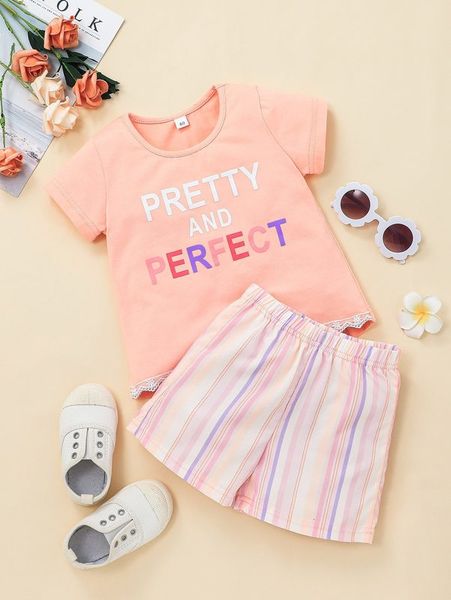

toddler girls letter graphic embroidery mesh tee & block striped shorts she, White