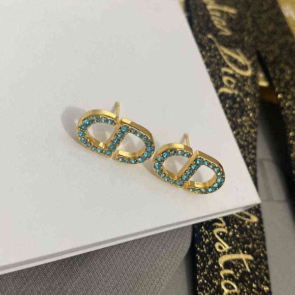 

factory outlet niche sea blue diamond letter daily versatile 2022 new fashion women anti allergy earrings, Golden