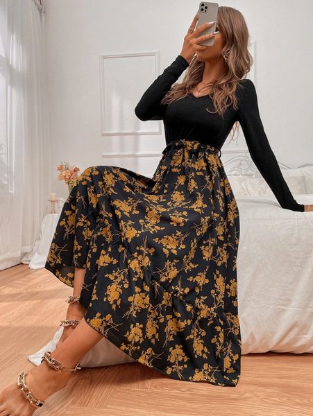 

floral print belted a-line dress z38b#, Black;gray