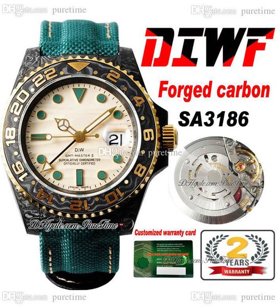 

diwf gmt ii sa3186 automatic mens watch carbon fiber case yellow gold bezel beige dial green nylon strap super edition puretime e5, Slivery;brown
