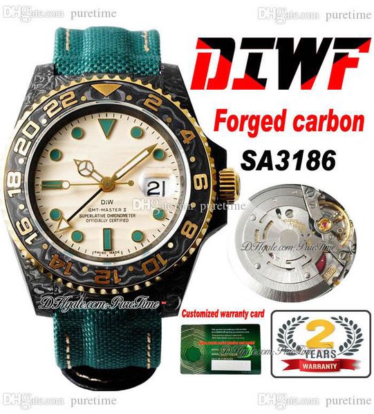 DIWF GMT II SA3186 Orologio automatico da uomo Cassa in fibra di carbonio Lunetta in oro giallo Quadrante beige Cinturino in nylon verde Super Edition Puretime E5