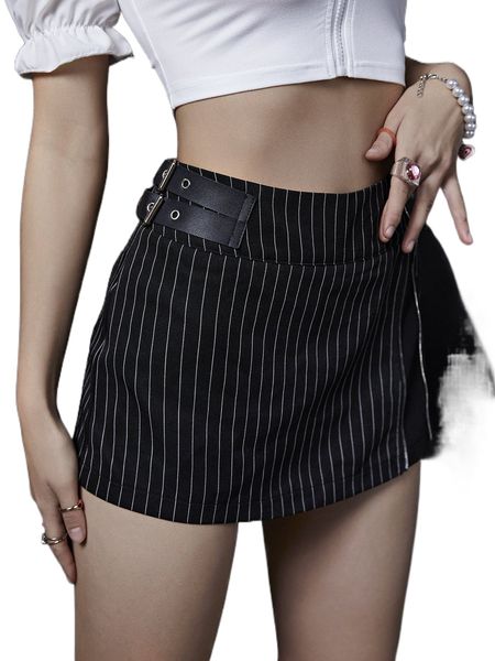 

striped print buckle detail skirt b7a9#, Black