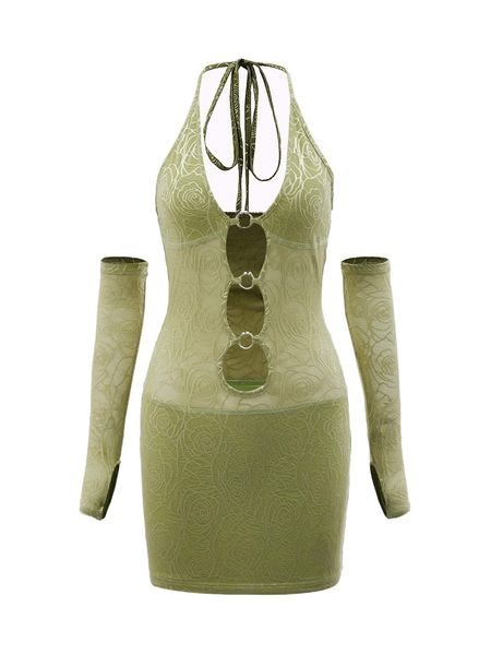 

cut out front o-ring detail halter dress with gloves d2cb#, Black;gray