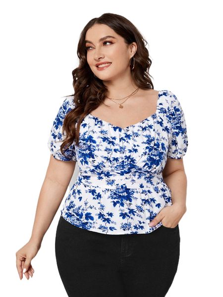 

plus floral print puff sleeve peplum blouse i74k#, Black