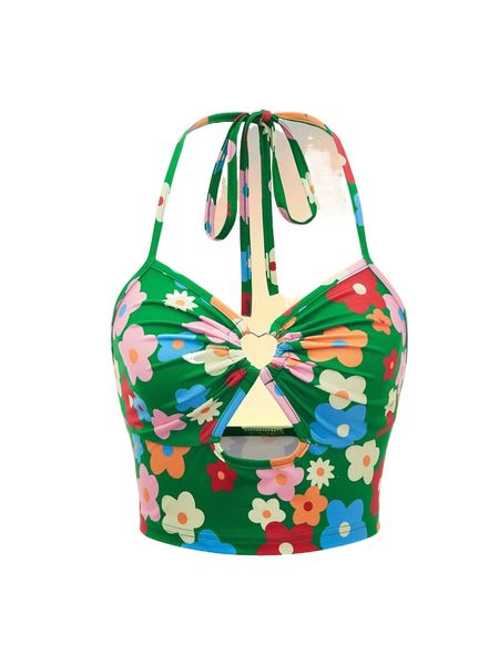 

floral print heart-ring cutout tie backless crop halter x4mf#, White