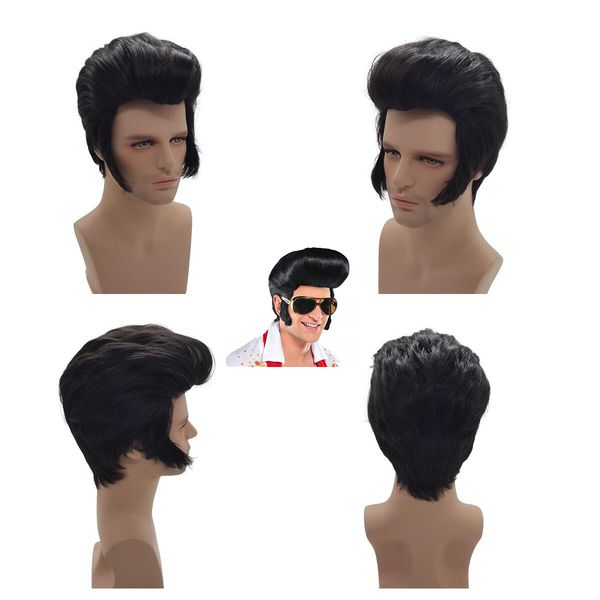 

men's black short wig elvis cosplay natural synthetic hair