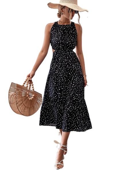 

polka dot cut out waist ruffle hem dress u3da#, Black;gray