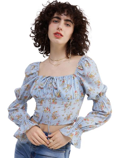 

floral print gathered sleeve tie front shirred back blouse w0ek#, White