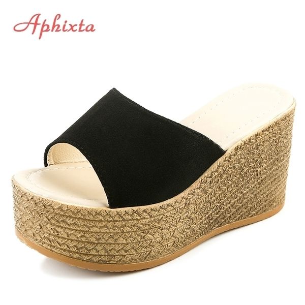 

aphixta platform wedges shoe slipper luxury open peep toes summer shoes black slipper slides wedge sandals y200624