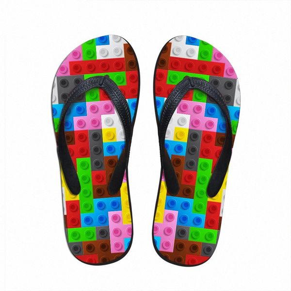 Angepasst Frauen Wohnungen Haus Hausschuhe Slipper 3D Tetris Druck Sommer Mode Strand Sandalen Für Frau Damen Flip Flops Gummi Flipflops c5zc #