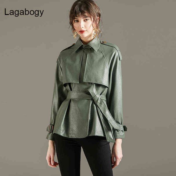 Lagabogy 2022 Spring Autumn Women Pu Faux Leather Jacket com cinto de cor verde casaco