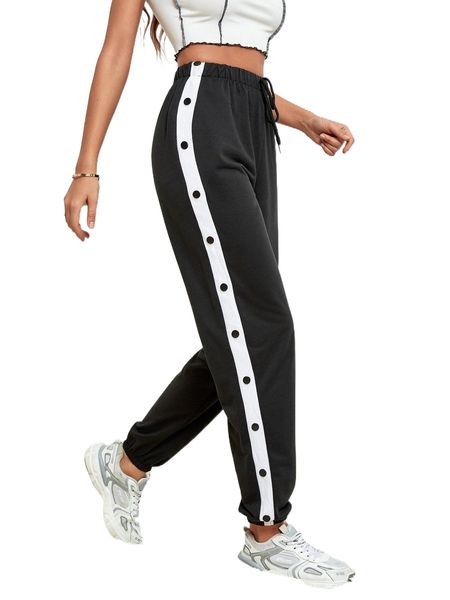 

contrast side seam fake button knot waist sweatpants t5fq#, Black;white