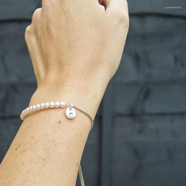 Cadeia de link Rose Gold Pink Pearl Bracelet Bridesmaid Gift Slider Jóias