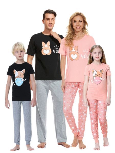 

men slogan and dog print 1 tee & 1 pants lounge set r7vc#, Black;brown