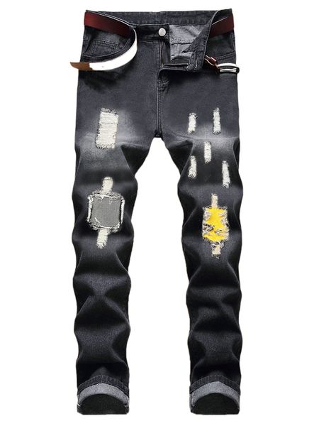 

romwe guys colorblock ripped jeans h1yk#, Blue