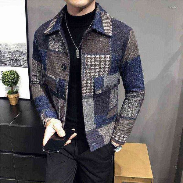 

men's wool & blends men woolen coat autumn stylish thick warm suit jacket with plaid stitching mens tweed prom blazers for t220810, Black