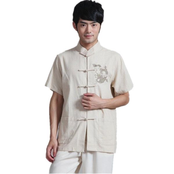 Abbigliamento etnico Storia di Shanghai Arrivo Camicia Tai Chi in lino beige Abito tradizionale cinese Tang Kungfu per uomoEtnico