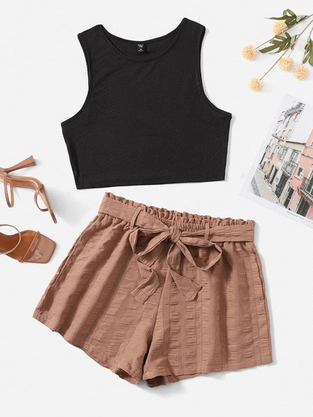 

plus rib-knit tank & belted shorts h8kj#, Black