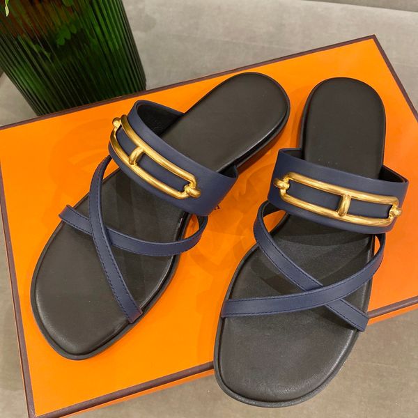 

women slippers luxury designer brand logo latest slipper imported calfskin metal buckle decoration with box dust bag are size35-40, Black