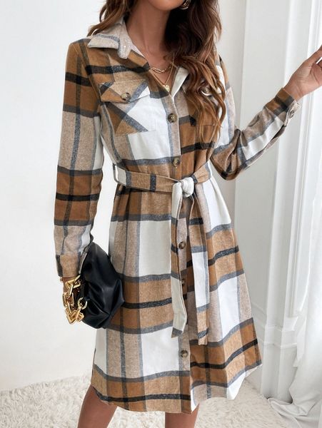 

plaid flap pocket belted wool-mix shirt dress 66ct#, Black;gray