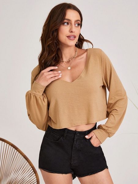 

lantern sleeve rib-knit crop tee u5d8#, White