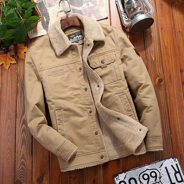 100 хлопок джинсовая зимняя куртка мужская на флисовой подкладке утолщенное теплое пальто повседневное хаки зеленая парка ягненка модная 220727