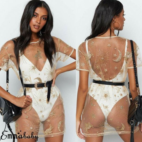 Abito casual da donna con paillettes dorate Moon Star Print Mesh Mini Bikini Cover Up Summer Clubwear a maniche corte sexy