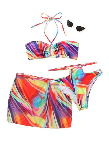 

3pack allover print drawstring tie backless halter bikini swimsuit & beach skirt l7jy#, White;black