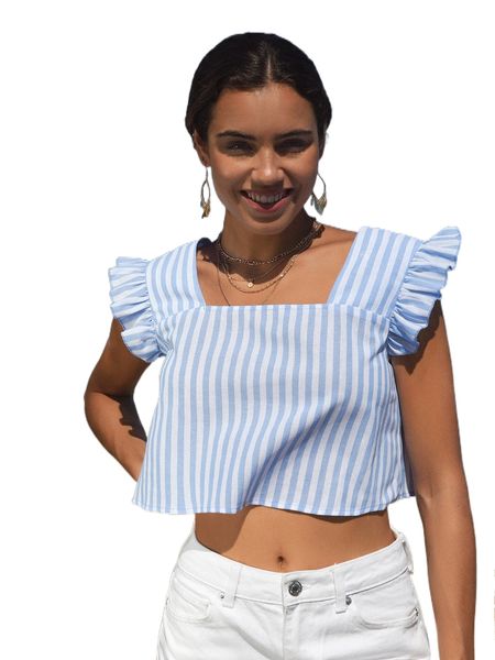 

striped ruffle trim blouse y1cb#, White