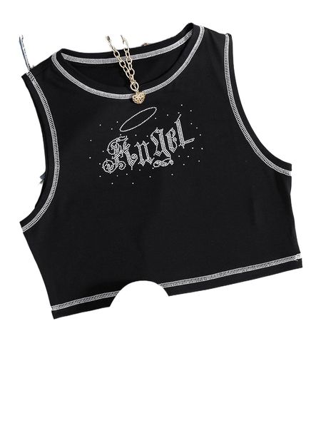

letter rhinestone contrast titching tank f0lp#, White