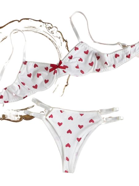 

heart print cut-out underwire lingerie set s17b#, Black;red