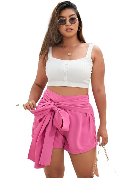 

plus solid tie front shorts p47d#, Black