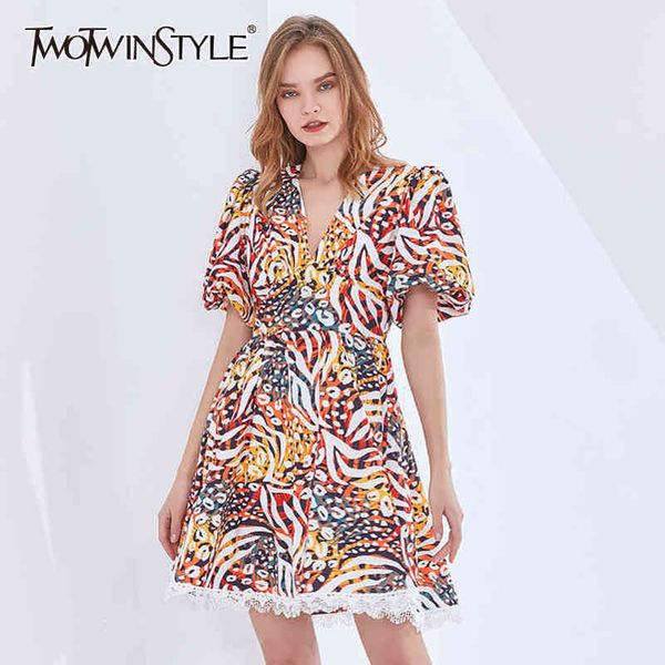 

hit color print dress for women v neck puff sleeve high waist spring dresses female fashion clothing 210423, Black;gray