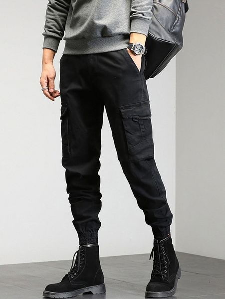 

men flap pocket side cargo pants 373p#, Black