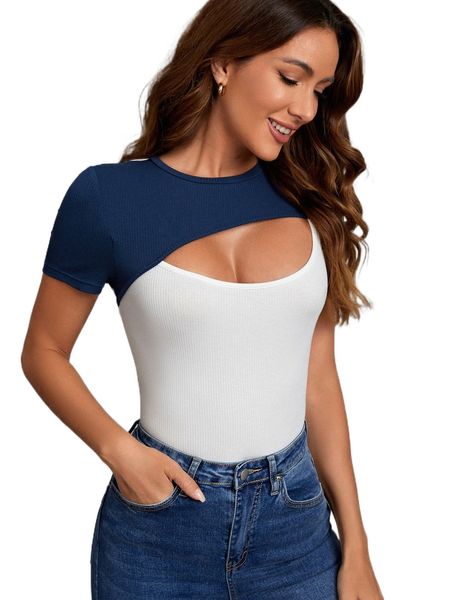 

two tone cut out bodysuit p7ug#, White